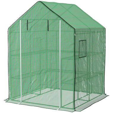 '-Outsunny 4.6' x 4.7' Portable Greenhouse, Water/UV Resistant Walk-In Hot House w/ 2 Tier U-Shape Flower Rack, Roll Up Door, Windows, Green - Outdoor Style Company