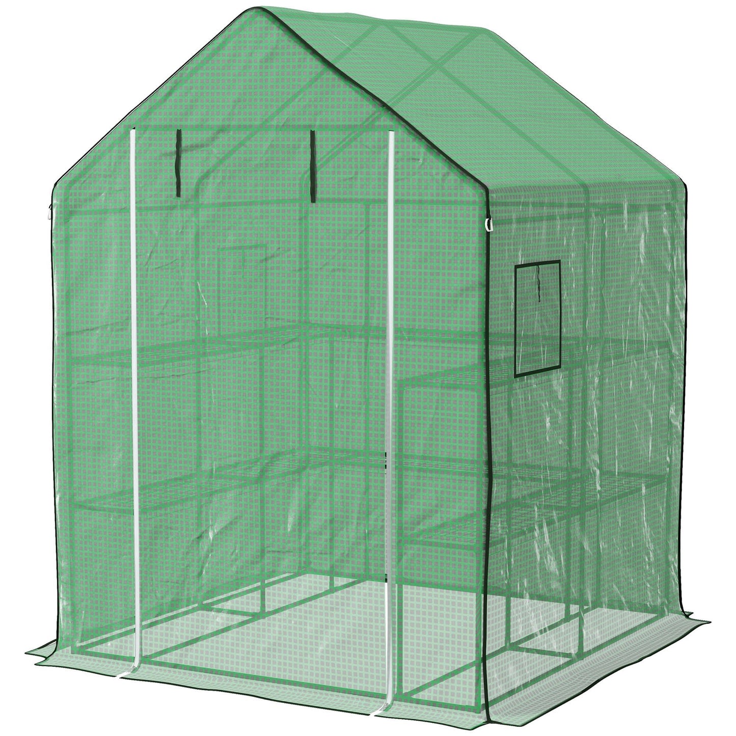 '-Outsunny 4.6' x 4.7' Portable Greenhouse, Water/UV Resistant Walk-In Hot House w/ 2 Tier U-Shape Flower Rack, Roll Up Door, Windows, Green - Outdoor Style Company