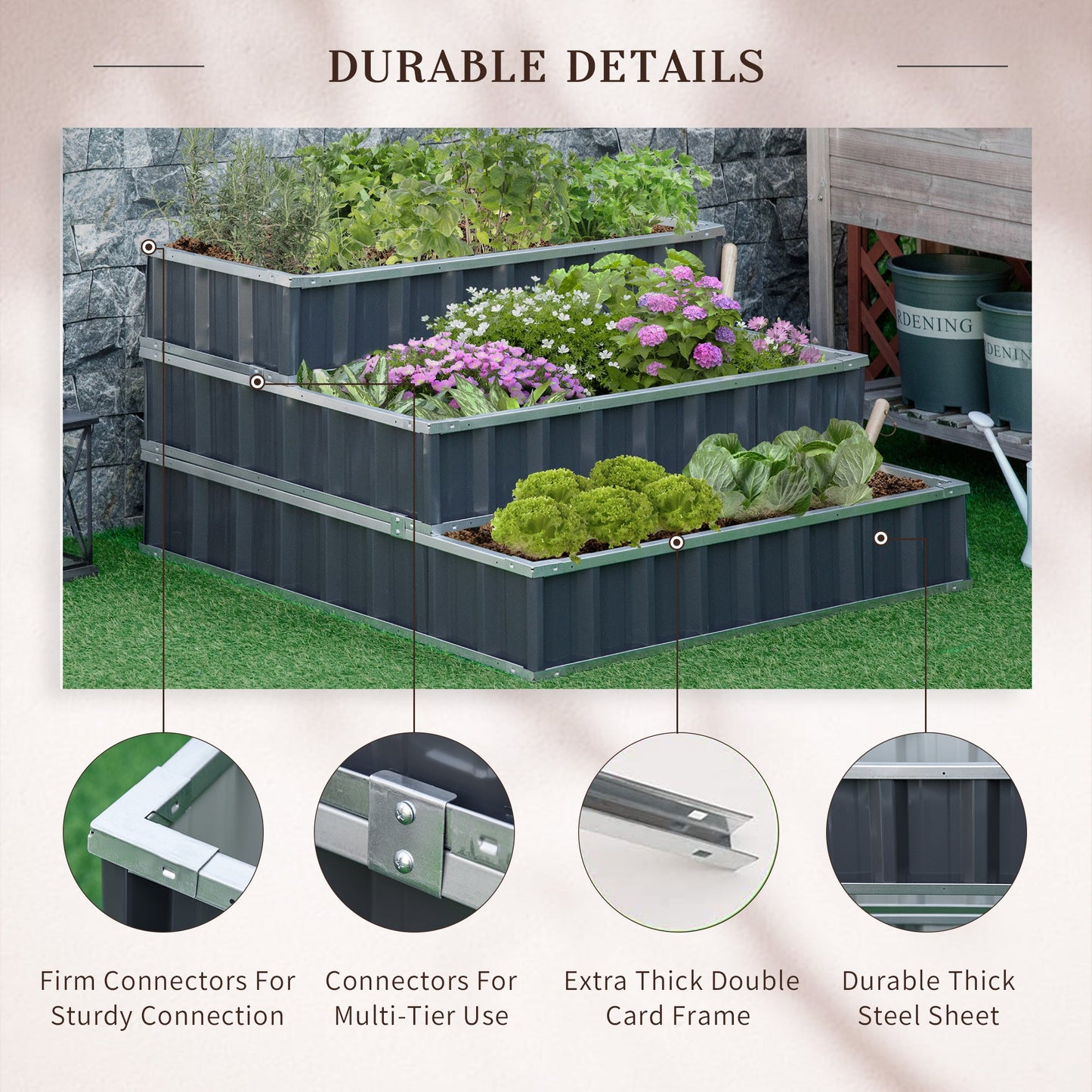 -Outsunny 47" x47" x25" 3 Tier Raised Garden Bed, Metal Elevated Planer Box Kit w/ A Pairs of Glove for Backyard, Patio to Grow Vegetables, Herbs - Outdoor Style Company