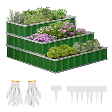 -Outsunny 47''x47''x25'' 3 Tier Raised Garden Bed, Metal Elevated Planer Box Kit w/ A Pairs of Glove for Backyard, to Grow Vegetables, Herbs, Green - Outdoor Style Company