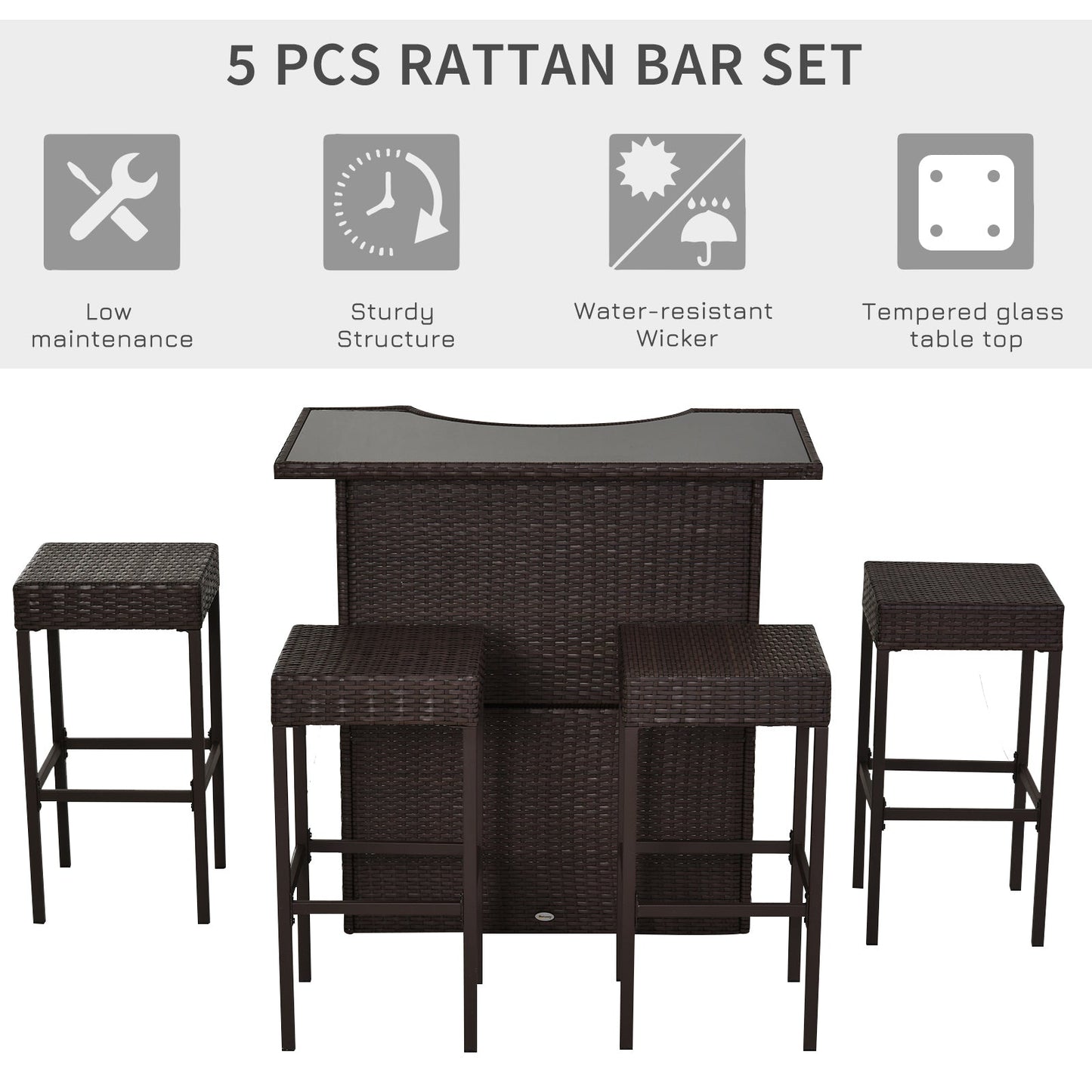 '-Outsunny 5 Pcs Rattan Wicker Bar Set with Glass Top Table, 2 Tier Storage Shelf and 4 Bar Stools for Outdoor, Patio, Garden & Poolside, Brown - Outdoor Style Company