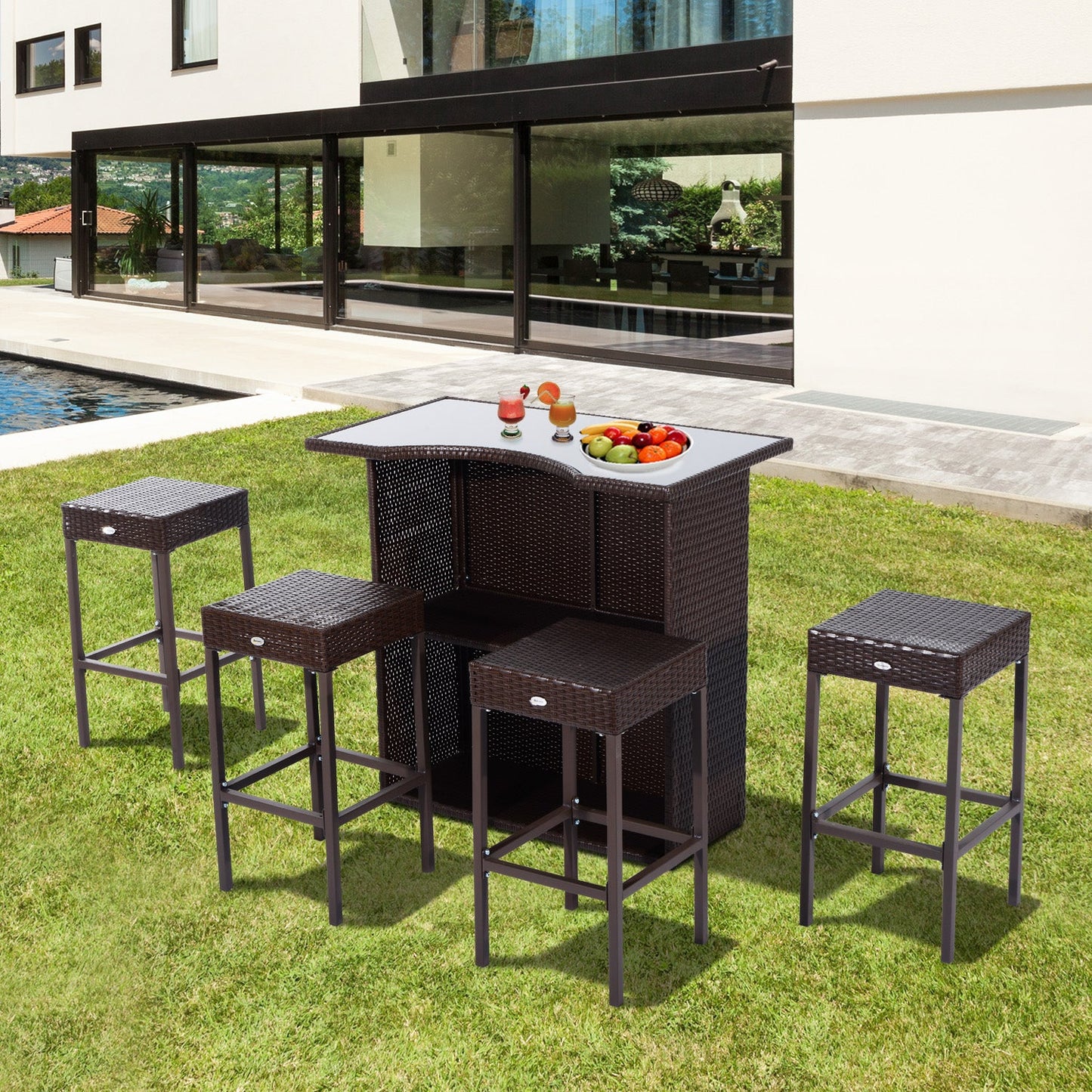 '-Outsunny 5 Pcs Rattan Wicker Bar Set with Glass Top Table, 2 Tier Storage Shelf and 4 Bar Stools for Outdoor, Patio, Garden & Poolside, Brown - Outdoor Style Company