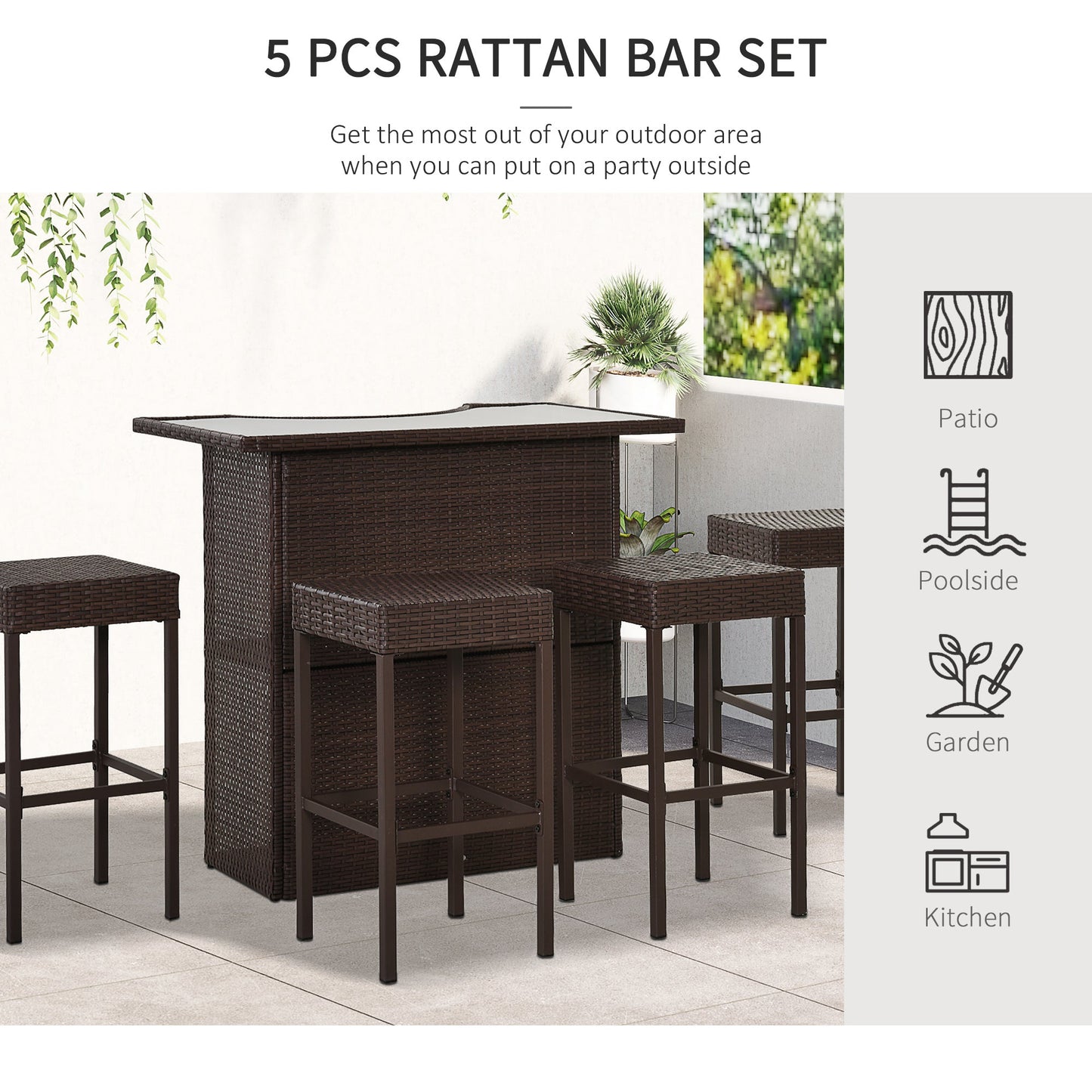 '-Outsunny 5 Pcs Rattan Wicker Bar Set with Glass Top Table, 2 Tier Storage Shelf and 4 Bar Stools for Outdoor, Patio, Garden & Poolside, Brown - Outdoor Style Company