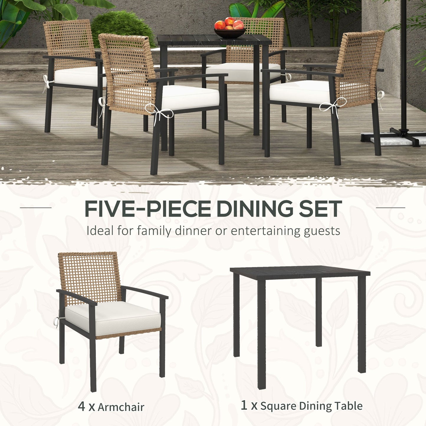-Outsunny 5 Piece Patio Dining Set, Outdoor Table and Chairs with Cushions, Wicker Furniture Dining Set with Umbrella Hole, Beige - Outdoor Style Company