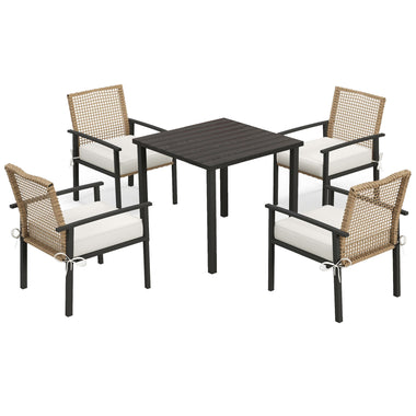 -Outsunny 5 Piece Patio Dining Set, Outdoor Table and Chairs with Cushions, Wicker Furniture Dining Set with Umbrella Hole, Beige - Outdoor Style Company