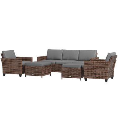 Sectional Sofa Sets - Outsunny 5 - Piece Patio Furniture Set with PE Rattan Three - Seater Sofa, Armchairs, Footstools, Cushions, Mixed Brown - Outdoor Style Company