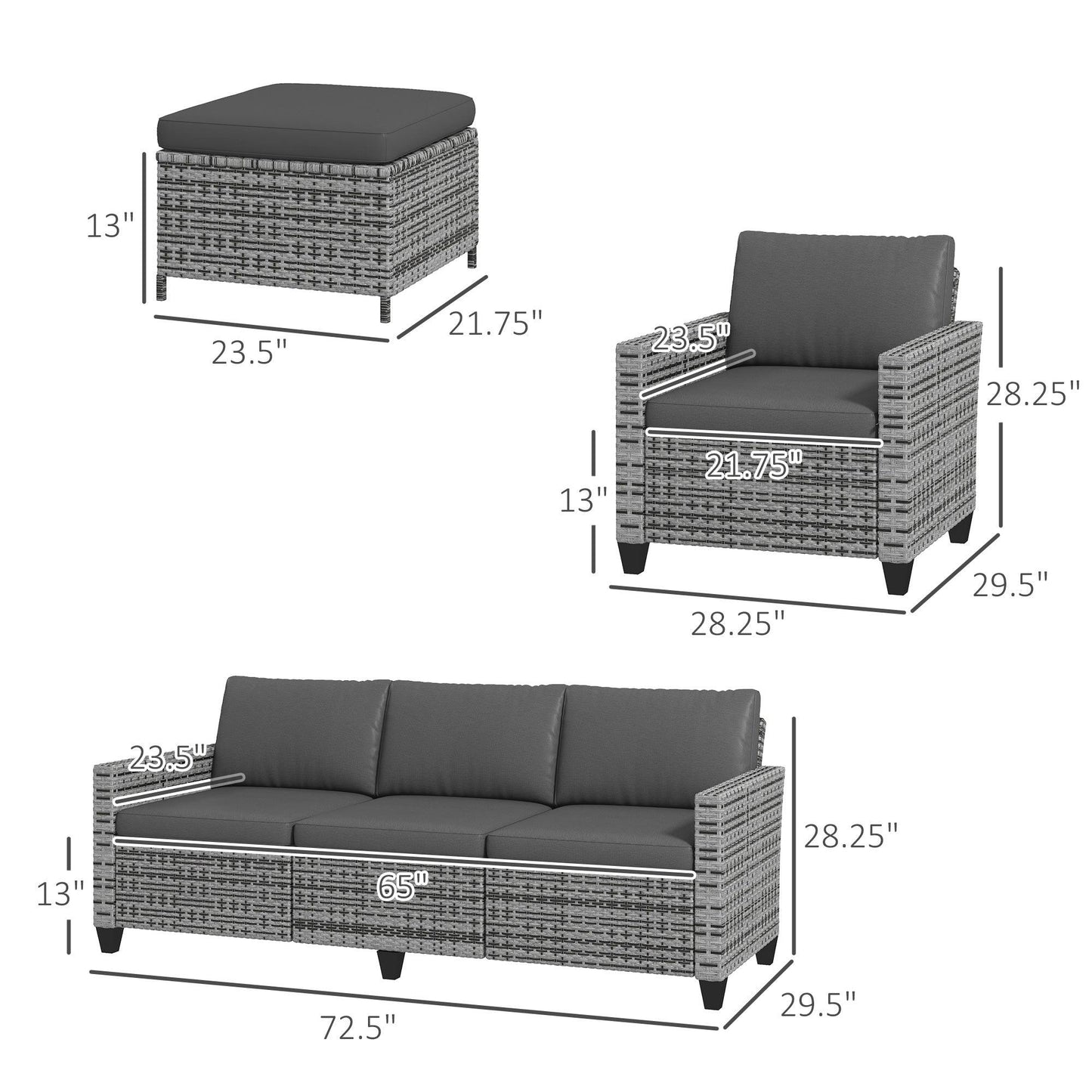 Sectional Sofa Sets - Outsunny 5 - Piece Patio Furniture Set with PE Rattan Three - Seater Sofa, Armchairs, Footstools, Cushions, Mixed Gray - Outdoor Style Company