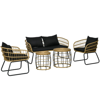 Coffee Tables - Outsunny 5 Piece PE Rattan Outdoor Furniture Set with Cushioned Chairs, Loveseat Sofa & Stackable Coffee Tables, Black - Outdoor Style Company