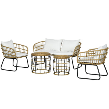 Coffee Tables - Outsunny 5 Piece PE Rattan Outdoor Furniture Set with Cushioned Chairs, Loveseat Sofa & Stackable Coffee Tables, Cream White - Outdoor Style Company