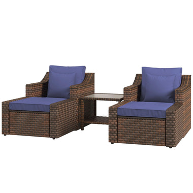 Coffee Tables - Outsunny 5 - Piece PE Rattan Patio Chair Set, Outdoor Conversation Set with Wood Grain Plastic Top Coffee Table, Two Pillows, Blue - Outdoor Style Company