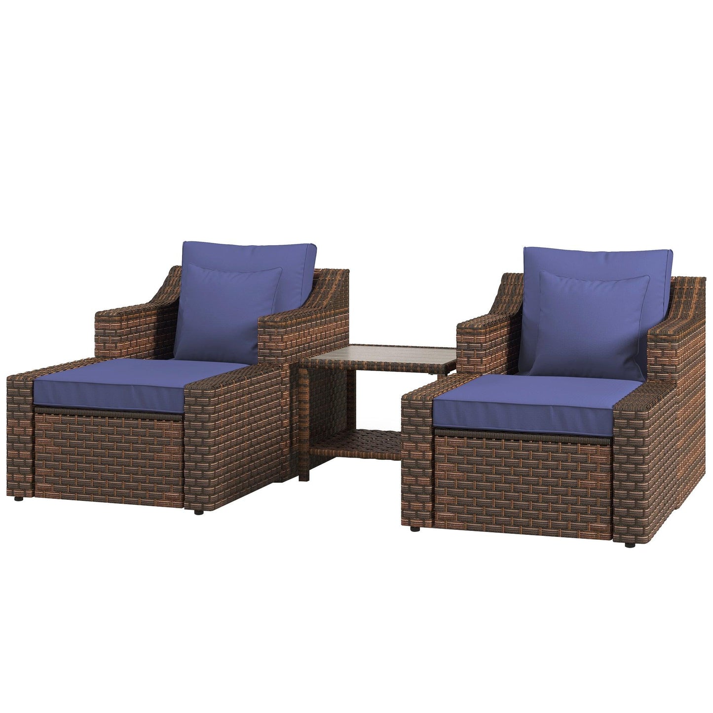 Coffee Tables - Outsunny 5 - Piece PE Rattan Patio Chair Set, Outdoor Conversation Set with Wood Grain Plastic Top Coffee Table, Two Pillows, Blue - Outdoor Style Company