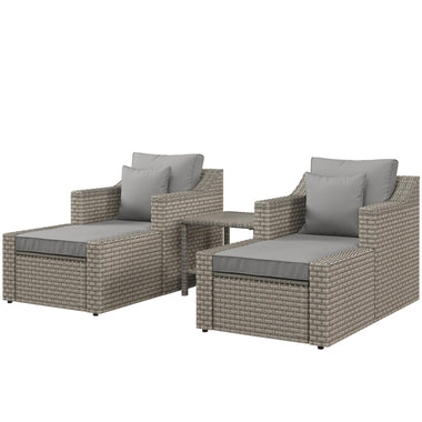 Coffee Tables - Outsunny 5 - Piece PE Rattan Patio Chair Set, Outdoor Conversation Set with Wood Grain Plastic Top Coffee Table, Two Pillows, Gray - Outdoor Style Company