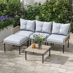 Coffee Tables - Outsunny 5 - Piece Rattan Patio Furniture Set with Sofa, Chaise Lounge, Coffee Table, Footstools, Cushions, Light Gray - Outdoor Style Company