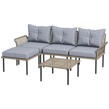 Coffee Tables - Outsunny 5 - Piece Rattan Patio Furniture Set with Sofa, Chaise Lounge, Coffee Table, Footstools, Cushions, Light Gray - Outdoor Style Company