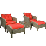 '-Outsunny 5 Pieces Rattan Wicker Lounge Chair Outdoor Patio Conversation Set with 2 Cushioned Chairs, 2 Ottomans & Tempered Glass Top Coffee Table, Red - Outdoor Style Company