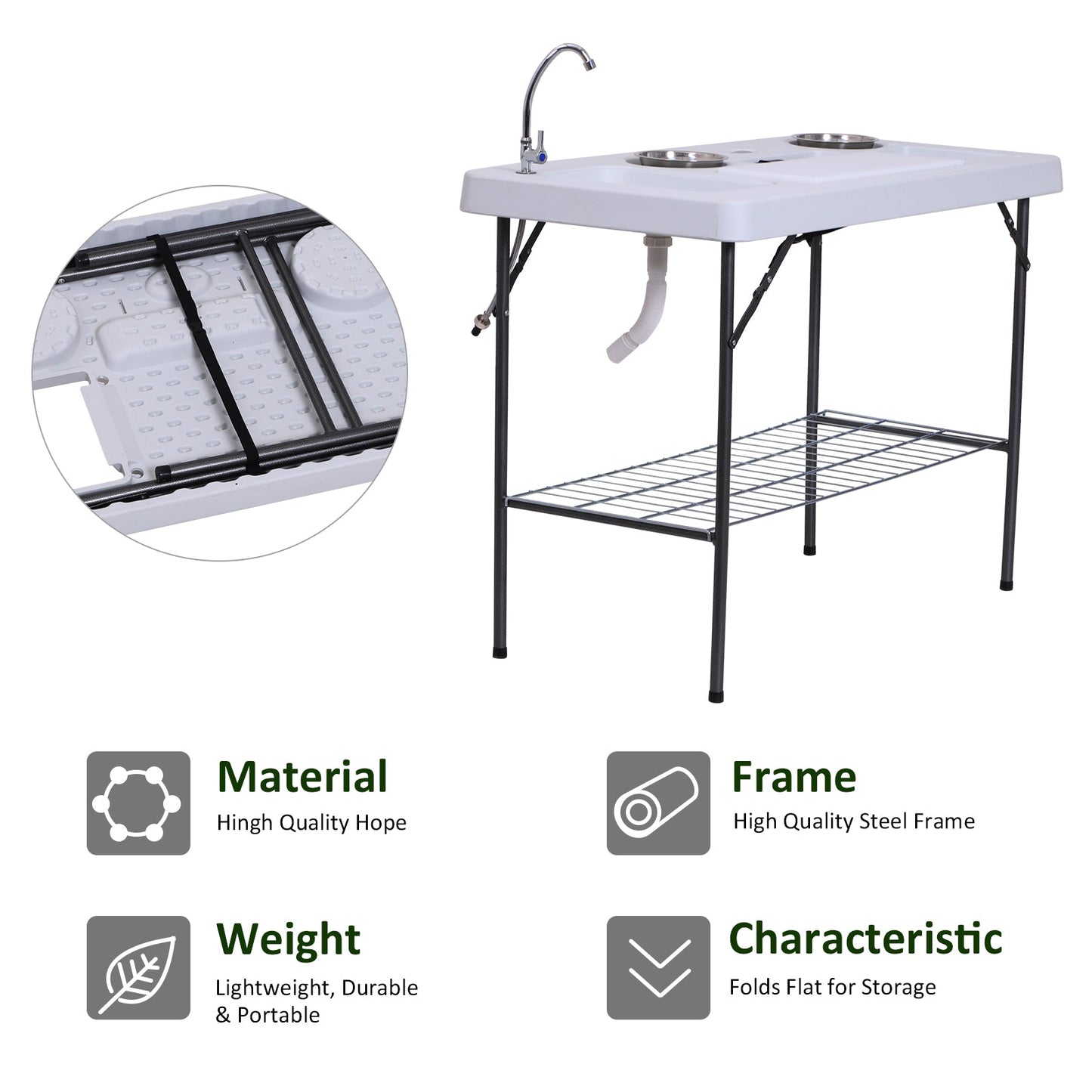 '-Outsunny 50" Camping Table with Sink, Faucet, Dual Stainless Steel Basins, and Accessories for Fish Cleaning - Outdoor Style Company