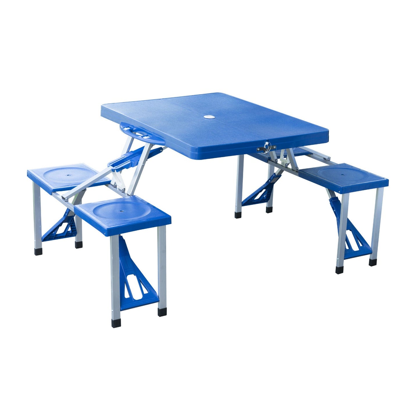 '-Outsunny 53" Camping Table and Chairs, Foldable with 4 seat plastic Portable, with Umbrella Hole, folding camping table,blue | Aosom.com - Outdoor Style Company