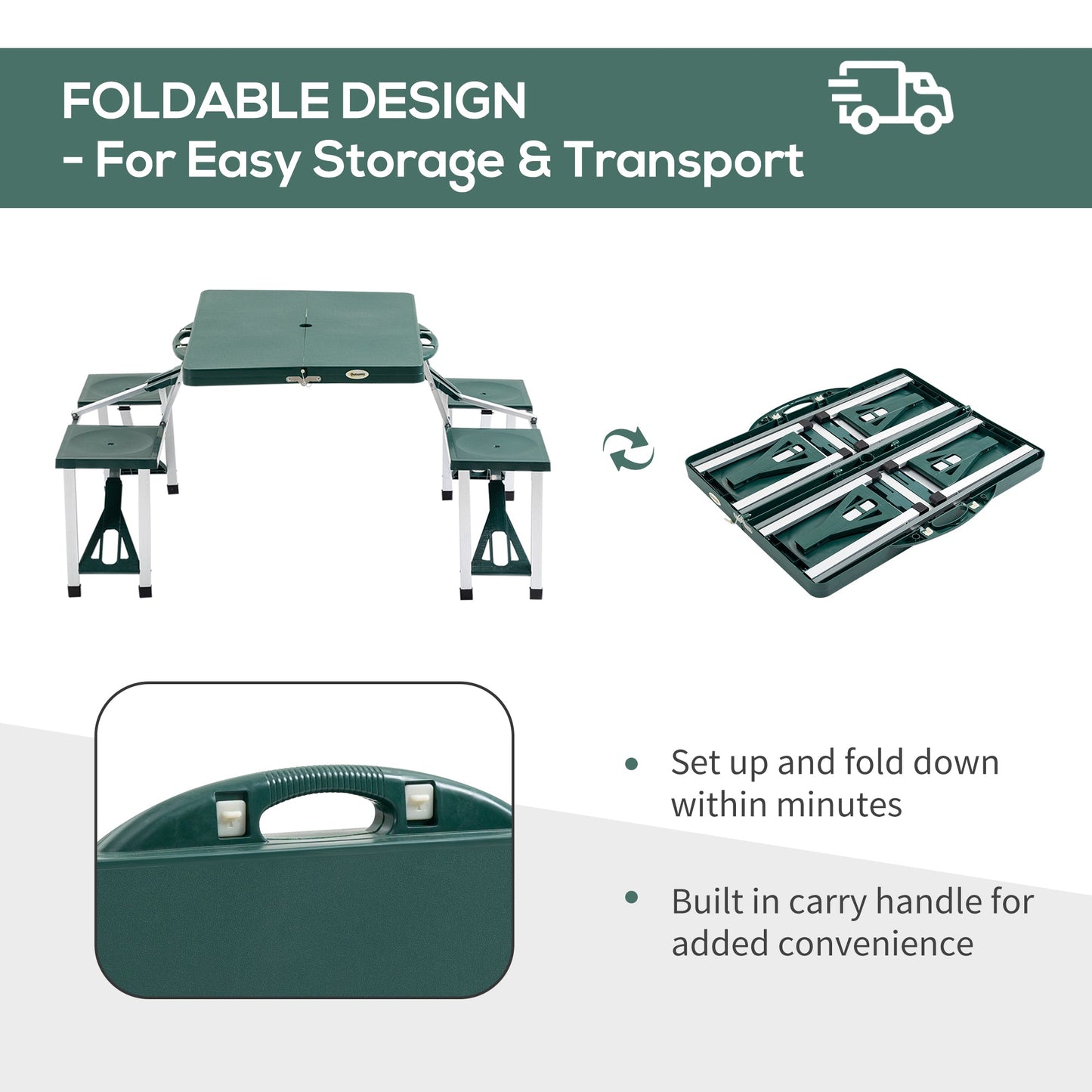 '-Outsunny 53" Camping Table and Chairs, Foldable with 4 seat plastic Portable, with Umbrella Hole, folding camping table,Green | Aosom.com - Outdoor Style Company