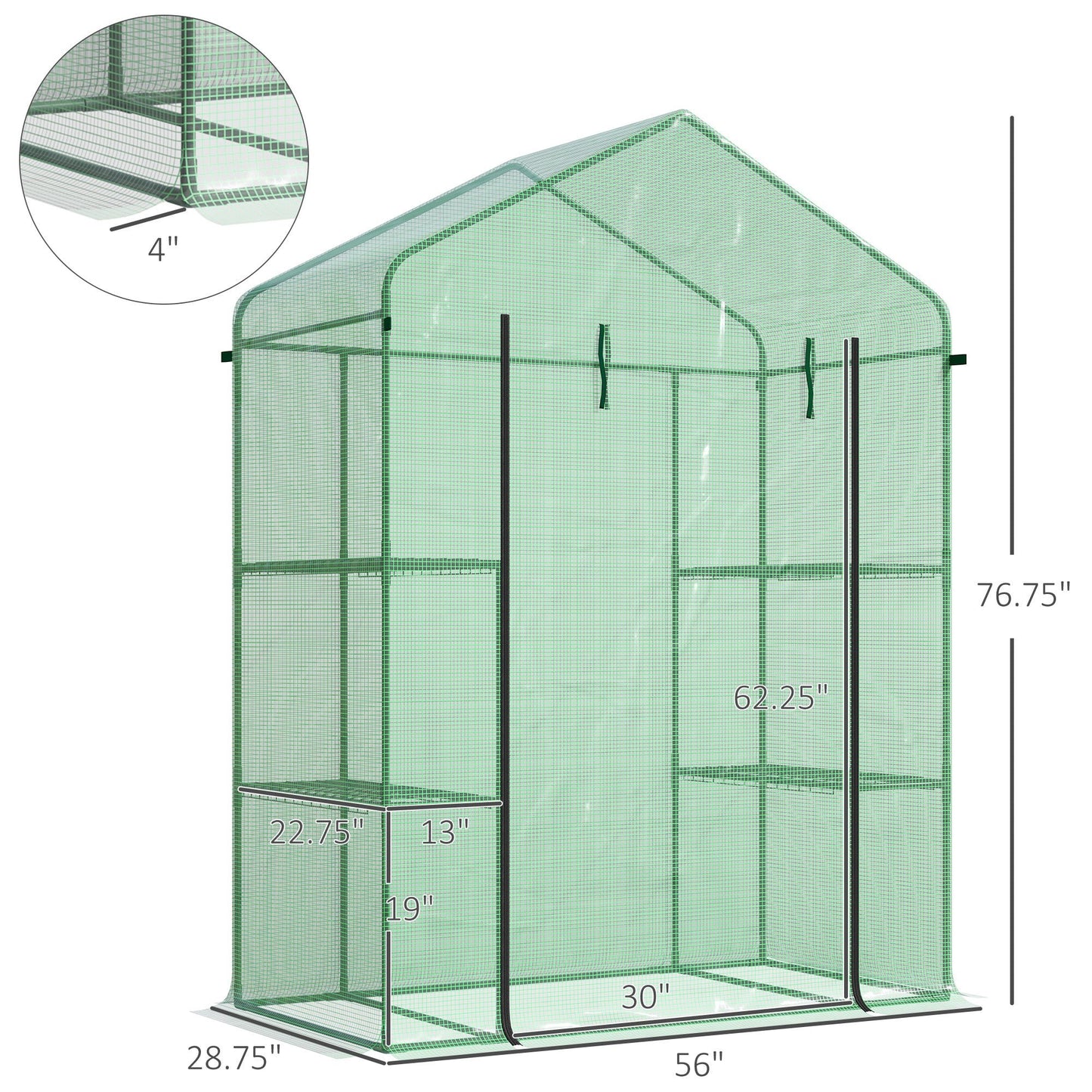 '-Outsunny 56" x 29" x 77" Walk-in Greenhouse, Garden Hot House with 4 Shelves, Roll-Up Door and Weatherized Cover, Green - Outdoor Style Company