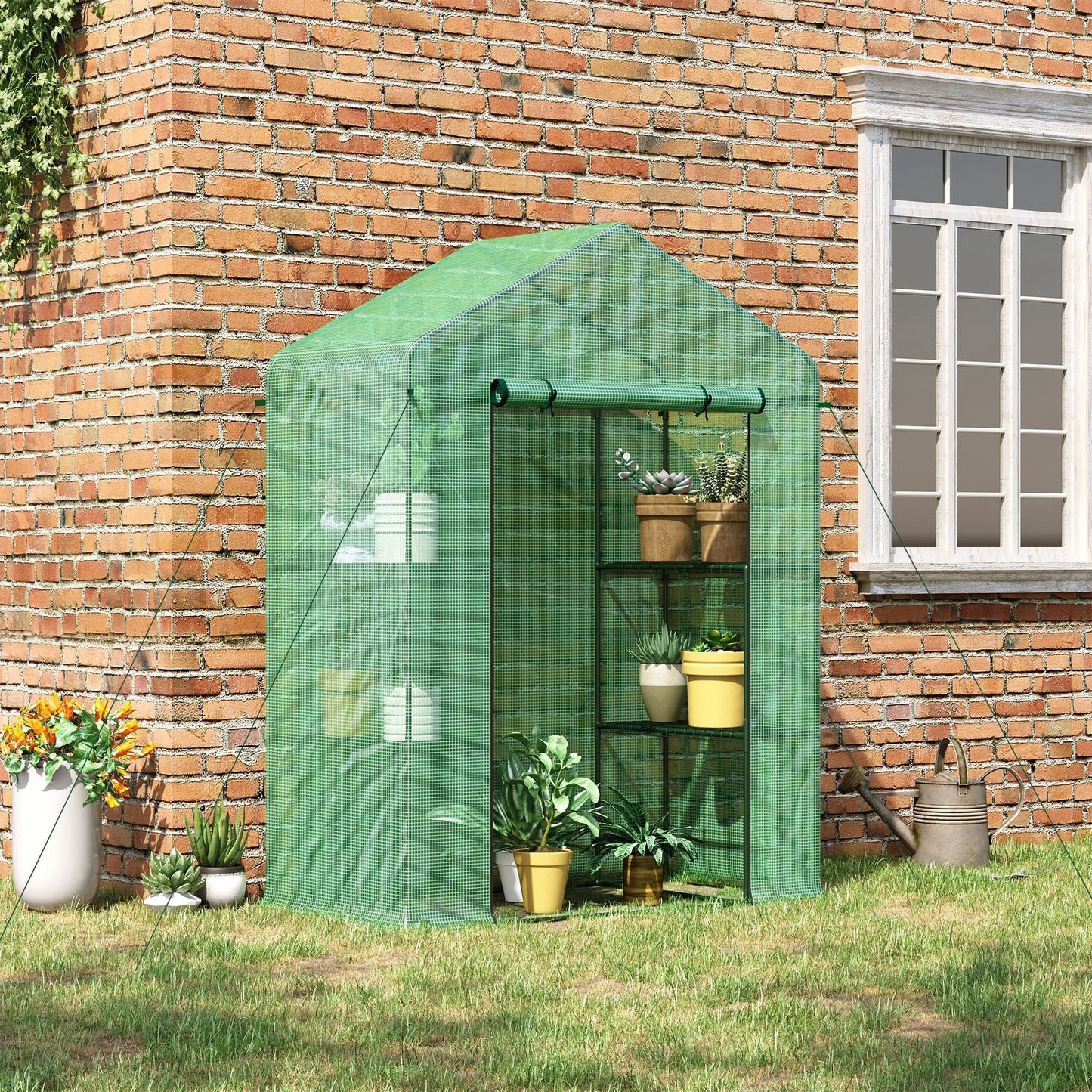 '-Outsunny 56" x 29" x 77" Walk-in Greenhouse, Garden Hot House with 4 Shelves, Roll-Up Door and Weatherized Cover, Green - Outdoor Style Company