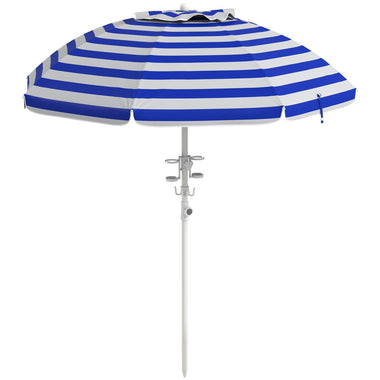 '-Outsunny 5.7' Beach Umbrella for Travel with Tilt, Adjustable Height, 2 Cup Holders, Hook, Vent, Ruffles, Blue White Stripe - Outdoor Style Company