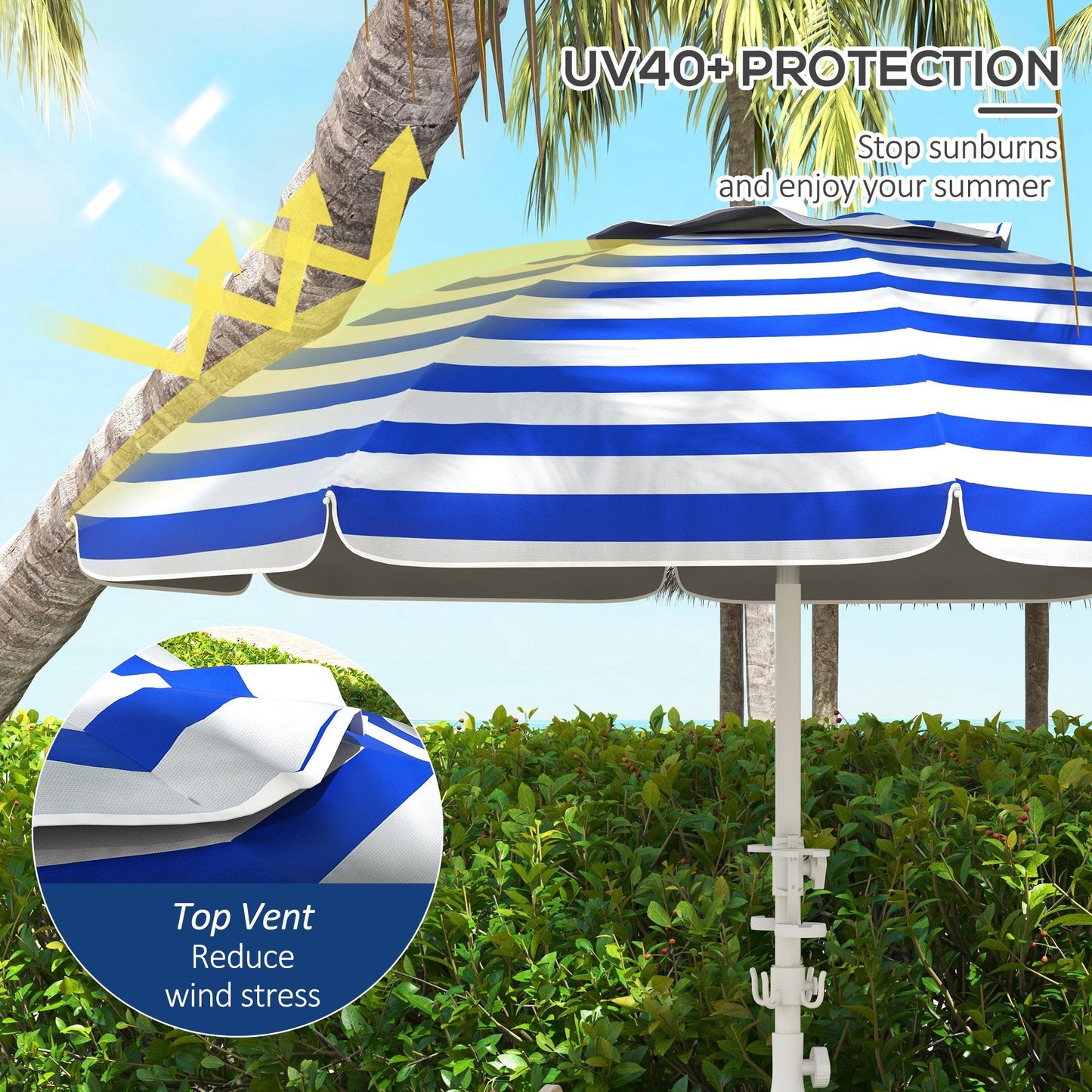 '-Outsunny 5.7' Beach Umbrella for Travel with Tilt, Adjustable Height, 2 Cup Holders, Hook, Vent, Ruffles, Blue White Stripe - Outdoor Style Company