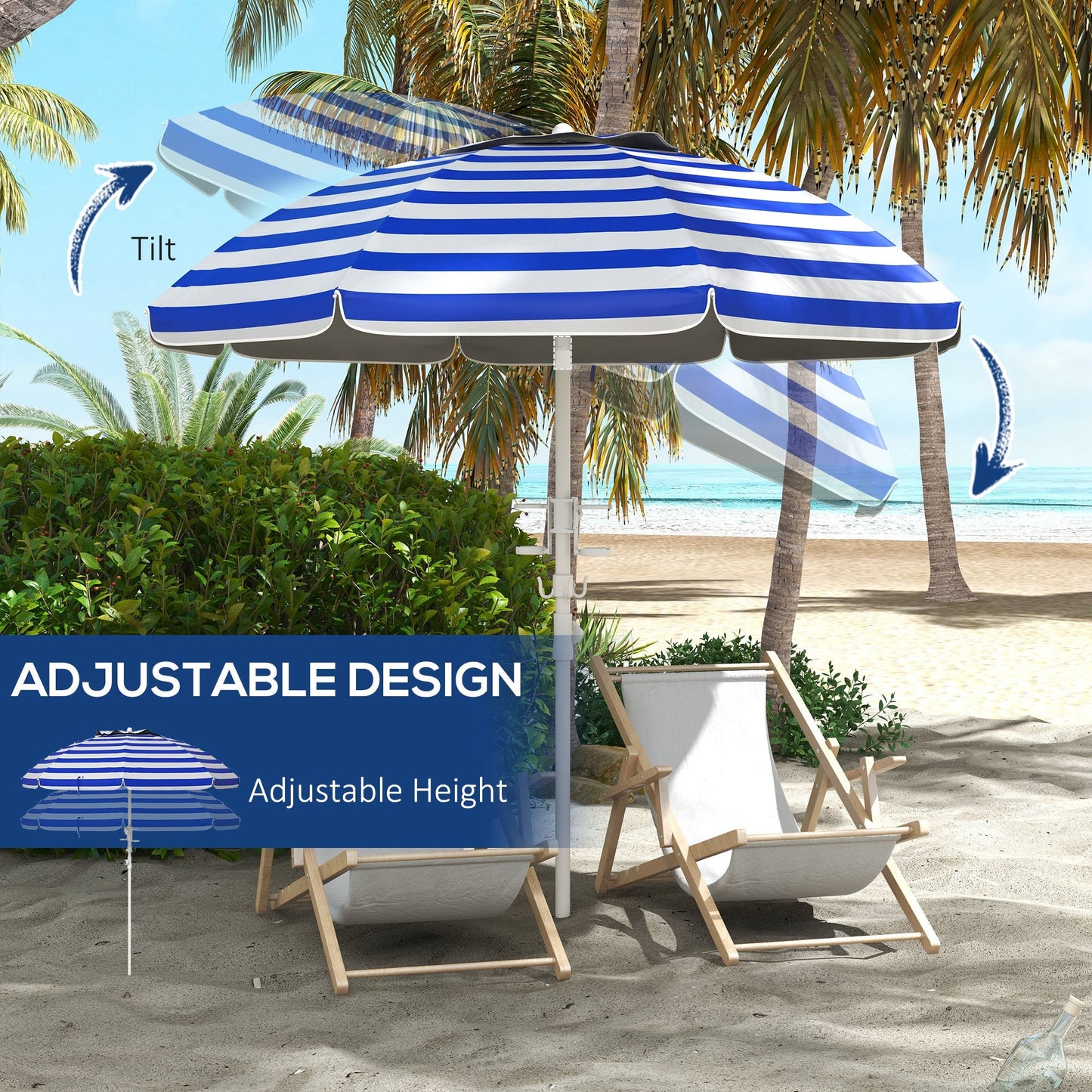 '-Outsunny 5.7' Beach Umbrella for Travel with Tilt, Adjustable Height, 2 Cup Holders, Hook, Vent, Ruffles, Blue White Stripe - Outdoor Style Company