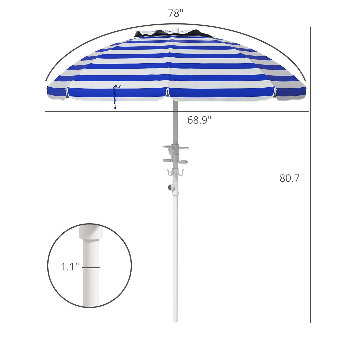 '-Outsunny 5.7' Beach Umbrella for Travel with Tilt, Adjustable Height, 2 Cup Holders, Hook, Vent, Ruffles, Blue White Stripe - Outdoor Style Company