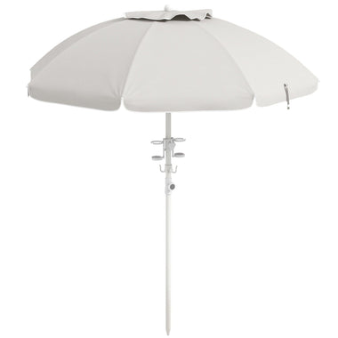 '-Outsunny 5.7' Beach Umbrella for Travel with Tilt, Adjustable Height, 2 Cup Holders, Hook, Vent, Ruffles, Cream White - Outdoor Style Company