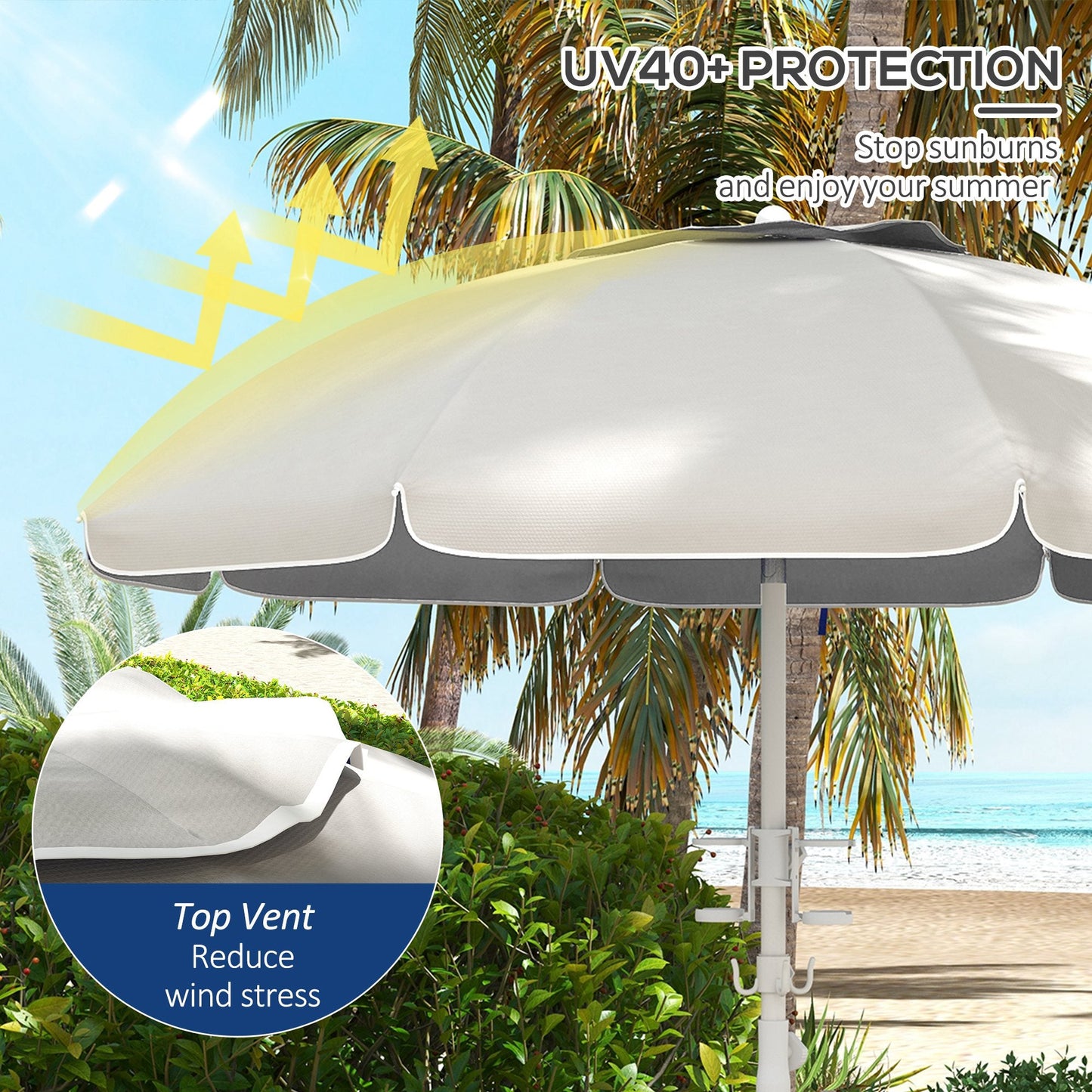 '-Outsunny 5.7' Beach Umbrella for Travel with Tilt, Adjustable Height, 2 Cup Holders, Hook, Vent, Ruffles, Cream White - Outdoor Style Company