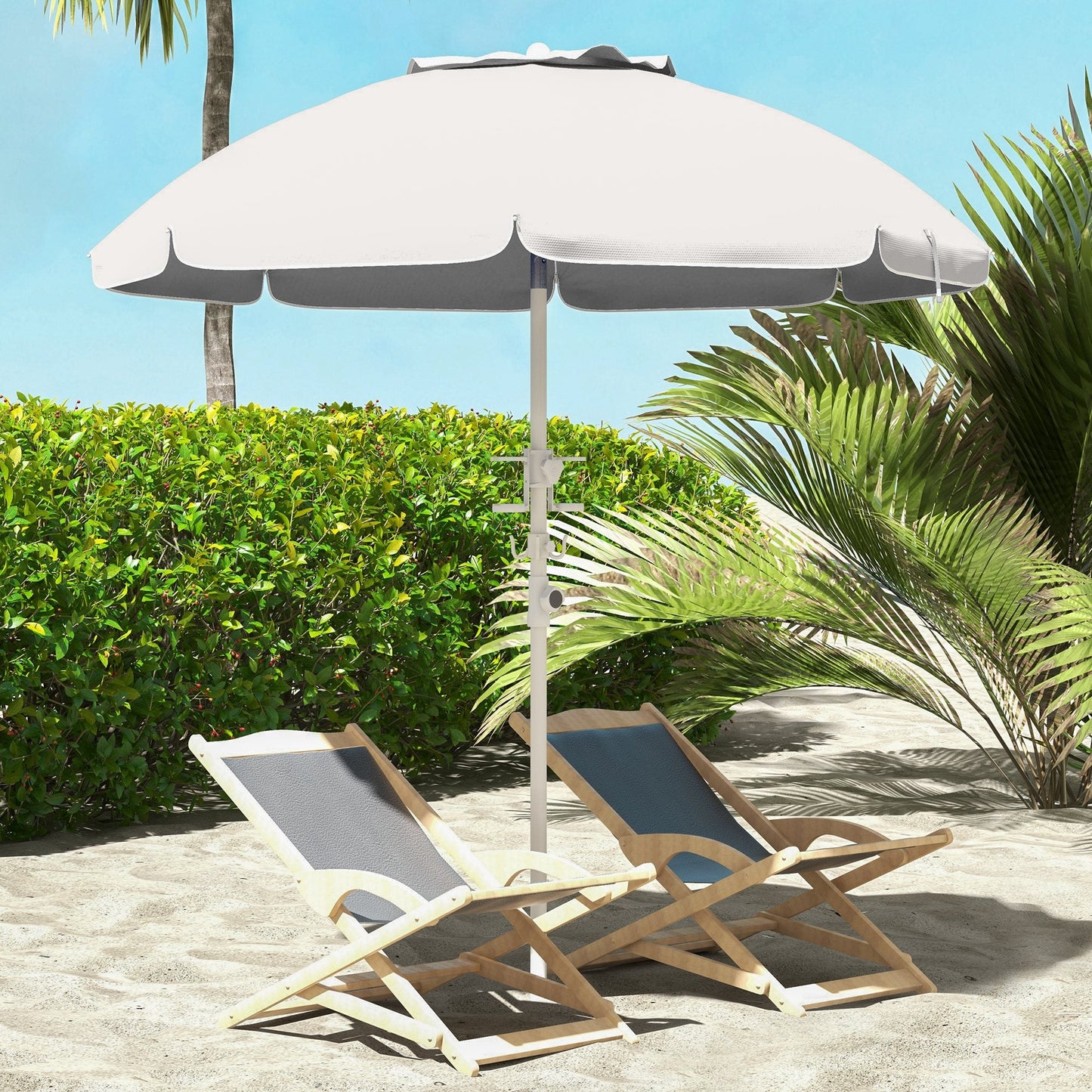 '-Outsunny 5.7' Beach Umbrella for Travel with Tilt, Adjustable Height, 2 Cup Holders, Hook, Vent, Ruffles, Cream White - Outdoor Style Company