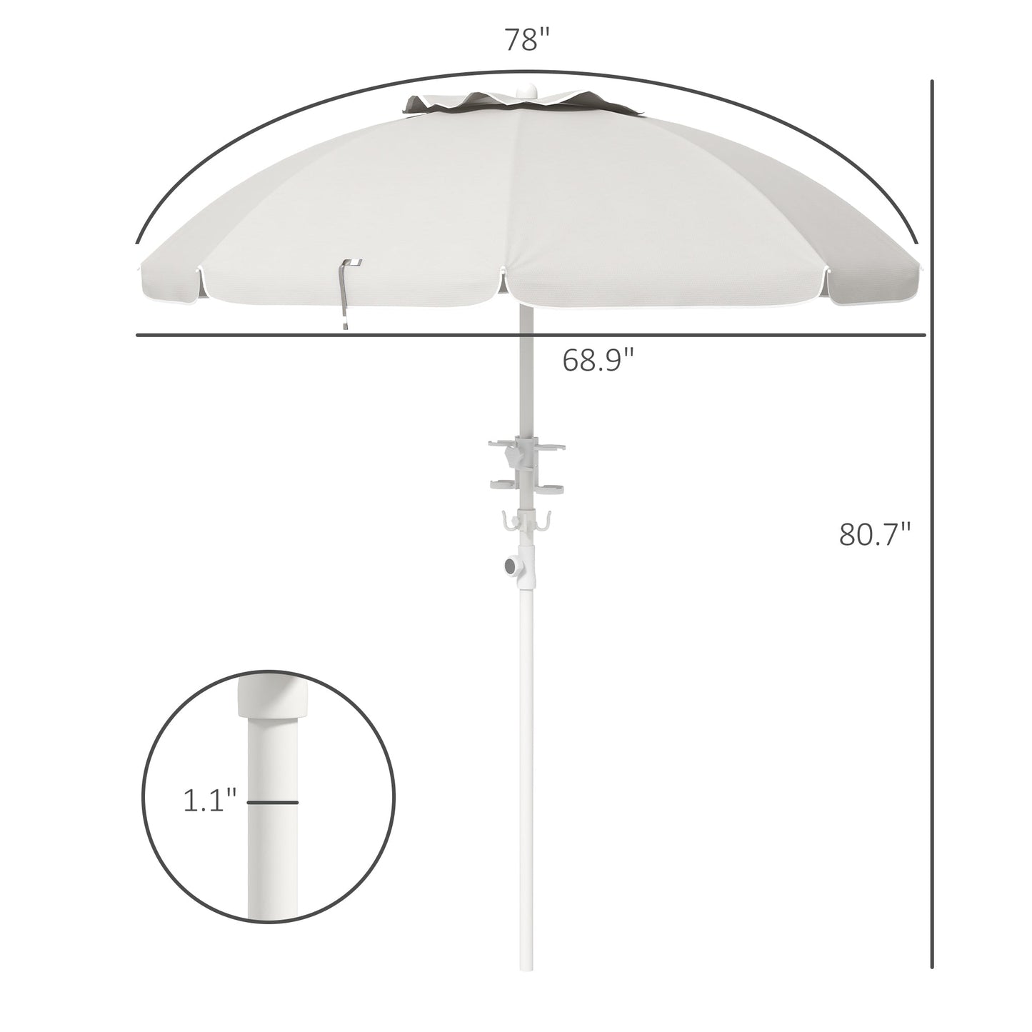 '-Outsunny 5.7' Beach Umbrella for Travel with Tilt, Adjustable Height, 2 Cup Holders, Hook, Vent, Ruffles, Cream White - Outdoor Style Company