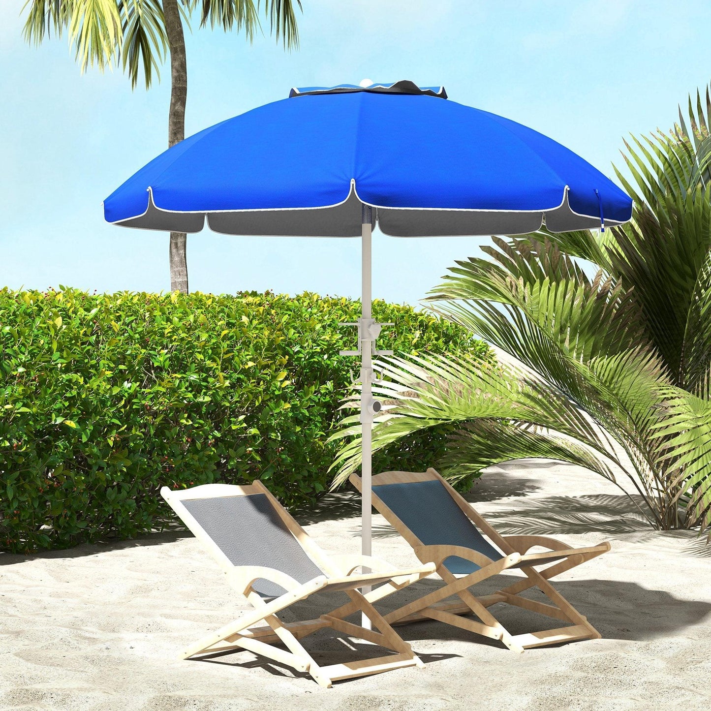 '-Outsunny 5.7' Beach Umbrella for Travel with Tilt, Adjustable Height, 2 Cup Holders, Hook, Vent, Ruffles, Sapphire Blue - Outdoor Style Company