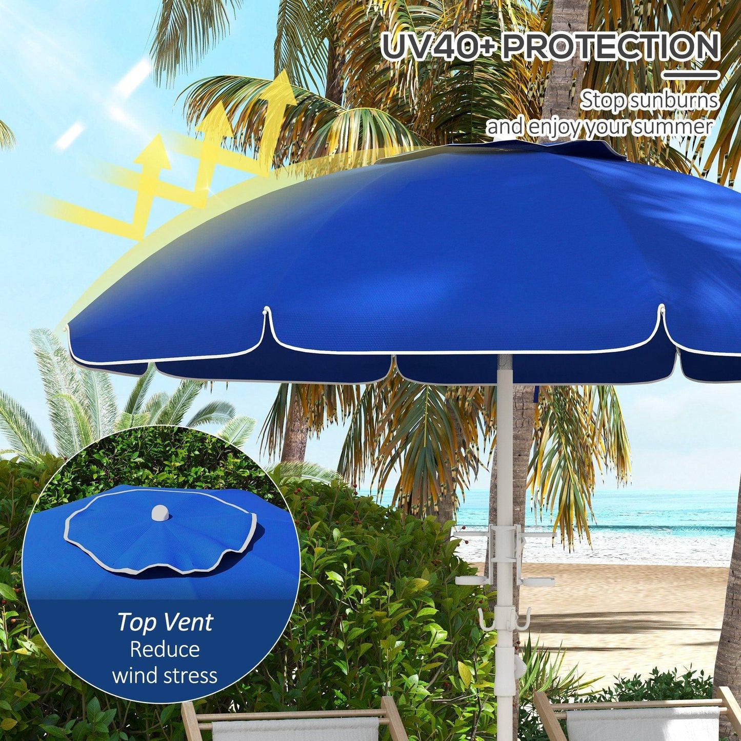 '-Outsunny 5.7' Beach Umbrella for Travel with Tilt, Adjustable Height, 2 Cup Holders, Hook, Vent, Ruffles, Sapphire Blue - Outdoor Style Company