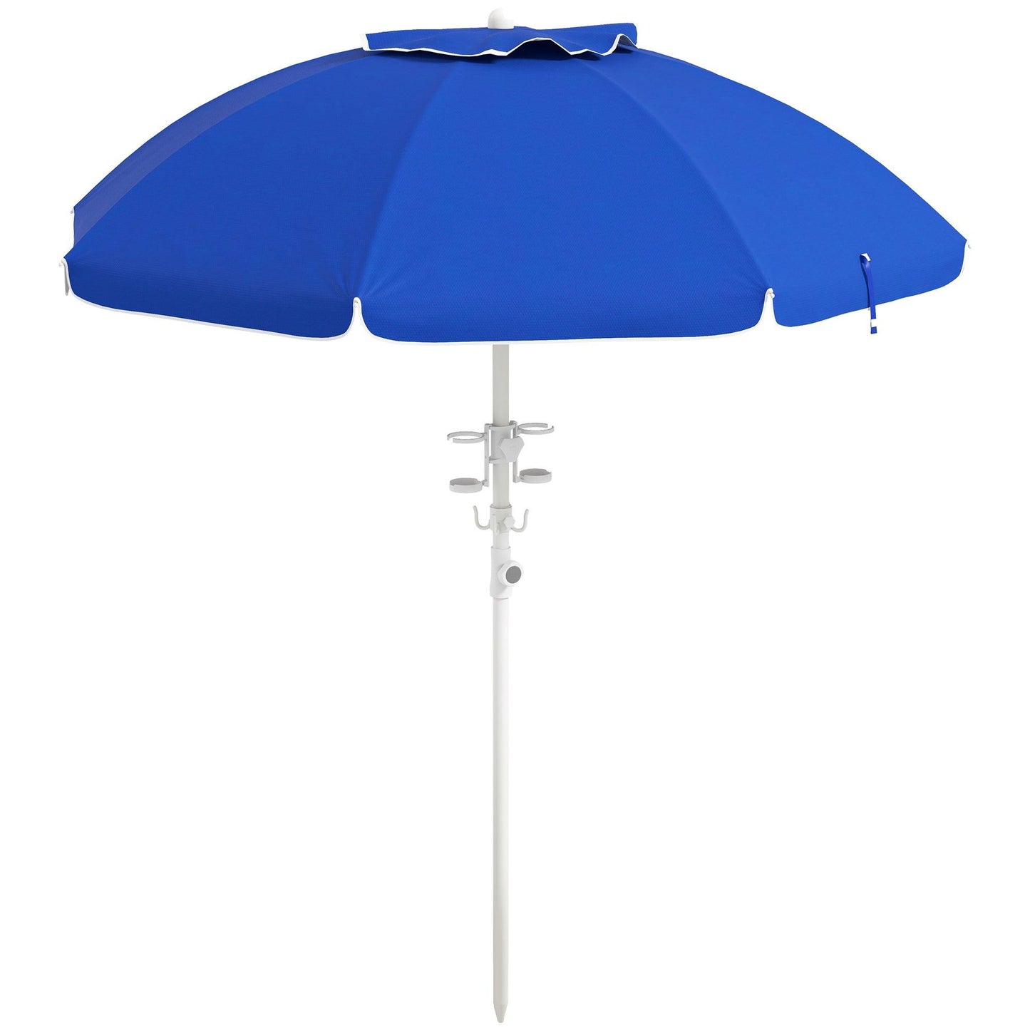 '-Outsunny 5.7' Beach Umbrella for Travel with Tilt, Adjustable Height, 2 Cup Holders, Hook, Vent, Ruffles, Sapphire Blue - Outdoor Style Company