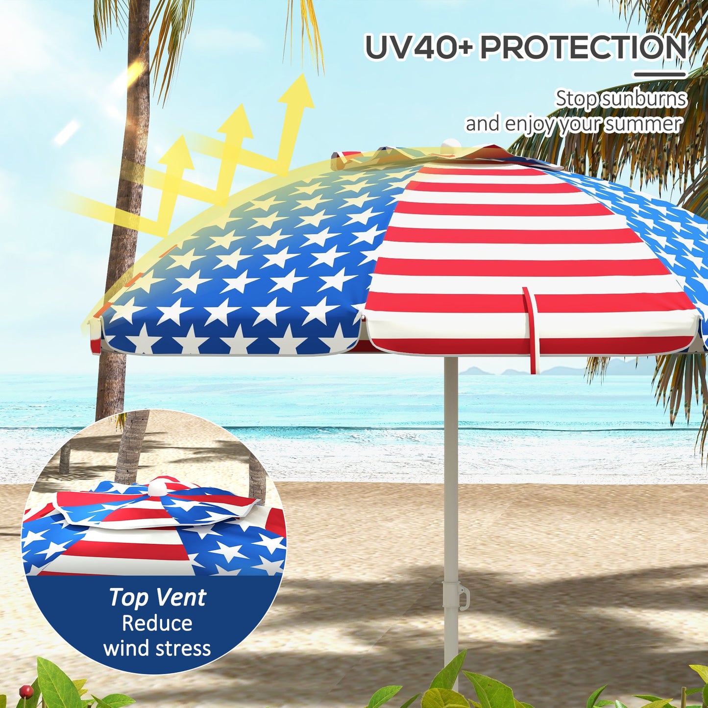 '-Outsunny 5.7' Beach Umbrella for Travel with Tilt, Vent, Flounce, Portable Outdoor Umbrella, American National Flag Pattern - Outdoor Style Company