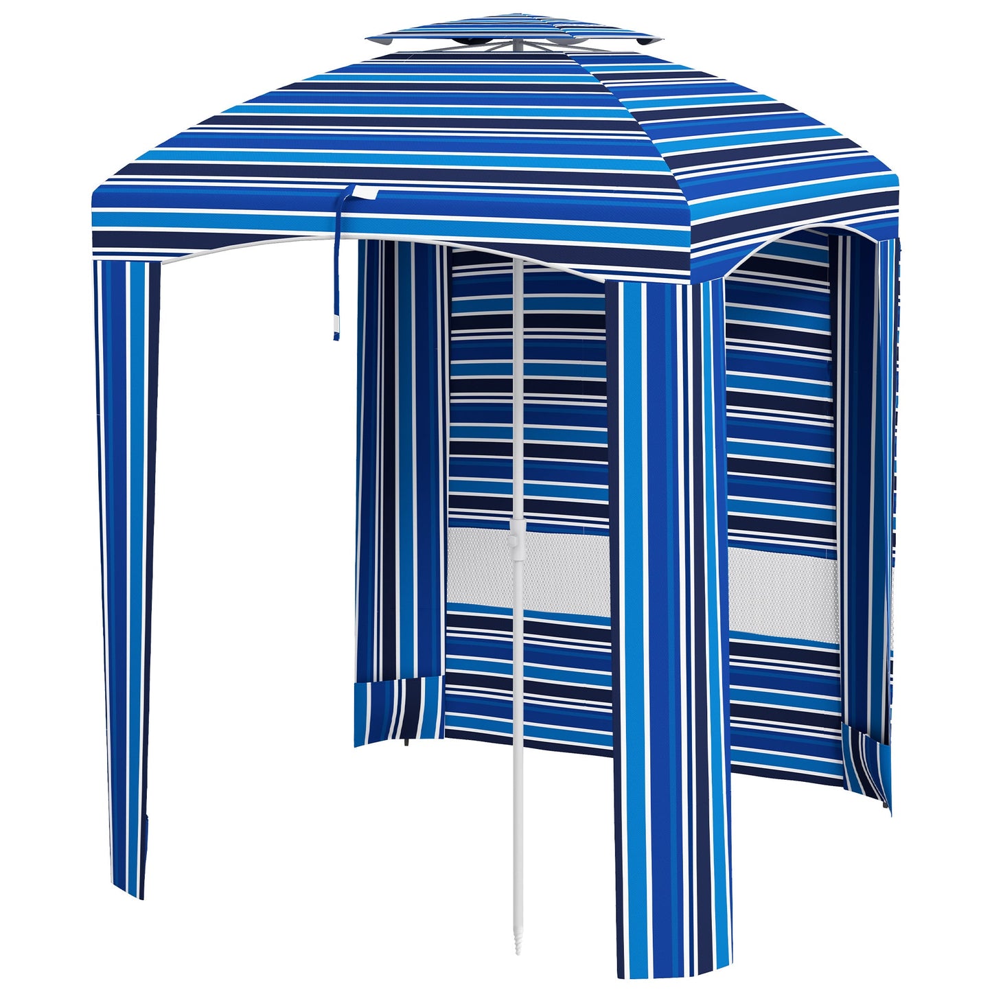 '-Outsunny 5.8' x 5.8' Cabana Umbrella for Travel, Vented Windows, Ruffles, Carry Bag, Outdoor Umbrella, Blue Strip - Outdoor Style Company