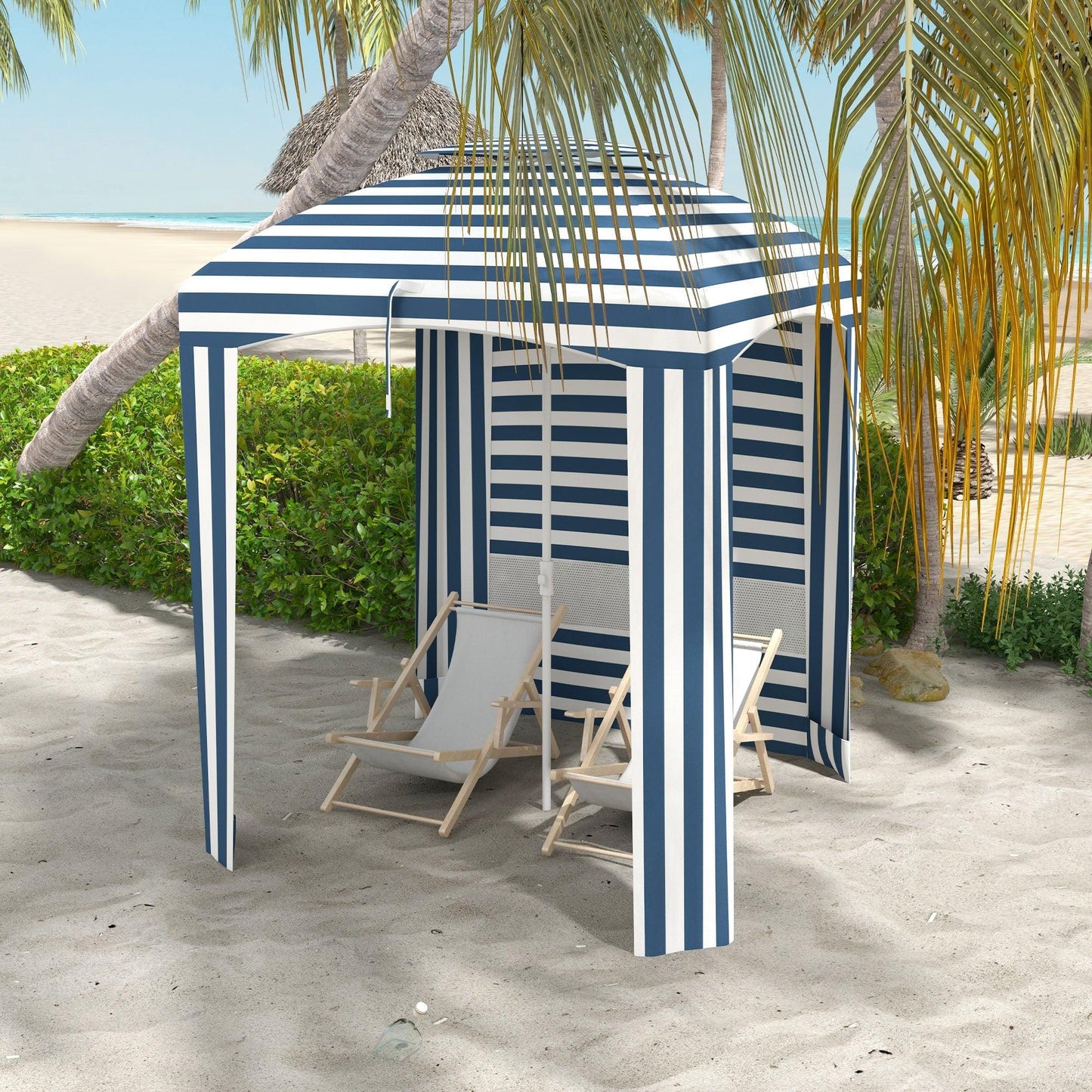 '-Outsunny 5.8' x 5.8' Cabana Umbrella for Travel, Vented Windows, Ruffles, Carry Bag, Outdoor Umbrella, Blue White Strip - Outdoor Style Company