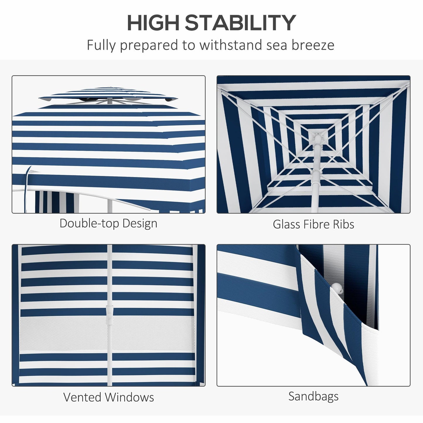 '-Outsunny 5.8' x 5.8' Cabana Umbrella for Travel, Vented Windows, Ruffles, Carry Bag, Outdoor Umbrella, Blue White Strip - Outdoor Style Company