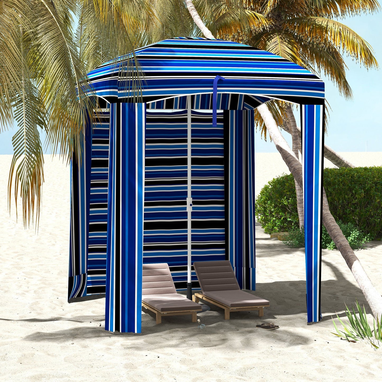 '-Outsunny 5.8' x 5.8' Cabana Umbrella with Single-top, Vented Windows, Ruffles, Carry Bag, Outdoor Umbrella, Blue Strip - Outdoor Style Company