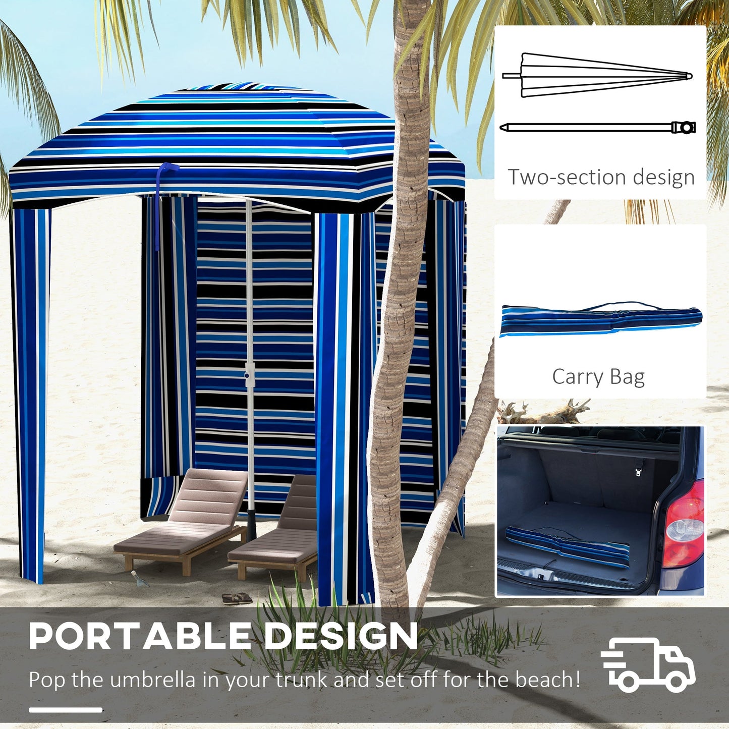 '-Outsunny 5.8' x 5.8' Cabana Umbrella with Single-top, Vented Windows, Ruffles, Carry Bag, Outdoor Umbrella, Blue Strip - Outdoor Style Company