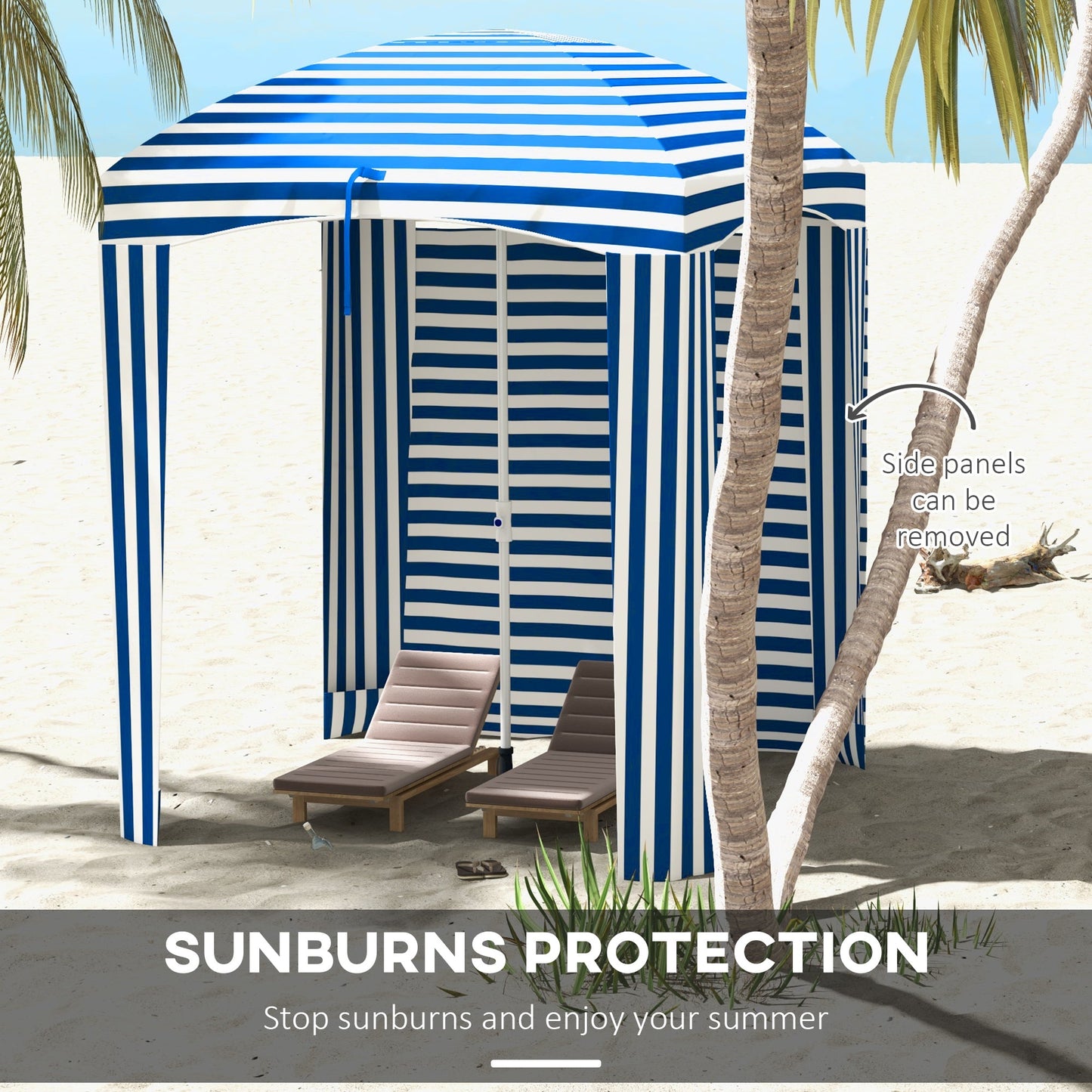 '-Outsunny 5.8' x 5.8' Cabana Umbrella with Single-top, Vented Windows, Ruffles, Carry Bag, Outdoor Umbrella, Blue White Strip - Outdoor Style Company