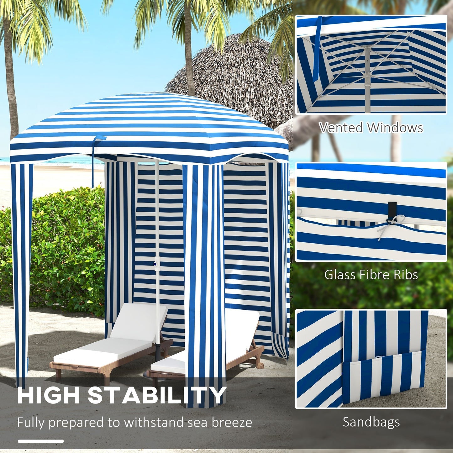 '-Outsunny 5.8' x 5.8' Cabana Umbrella with Single-top, Vented Windows, Ruffles, Carry Bag, Outdoor Umbrella, Blue White Strip - Outdoor Style Company