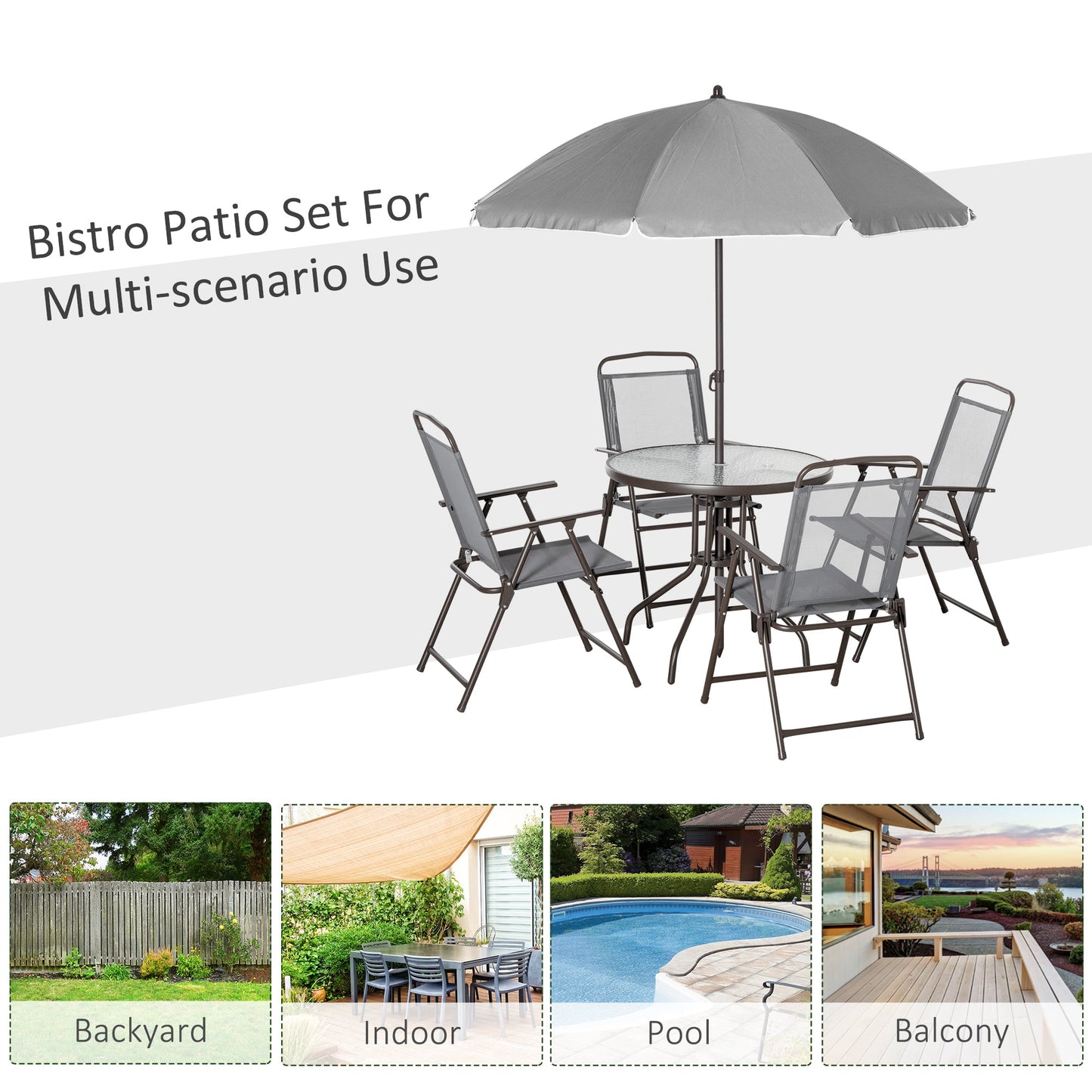 '-Outsunny 6 Piece Patio Dining Set for 4 with Umbrella, with 4 Folding Dining Chairs & Round Glass Table for Garden, Gray - Outdoor Style Company