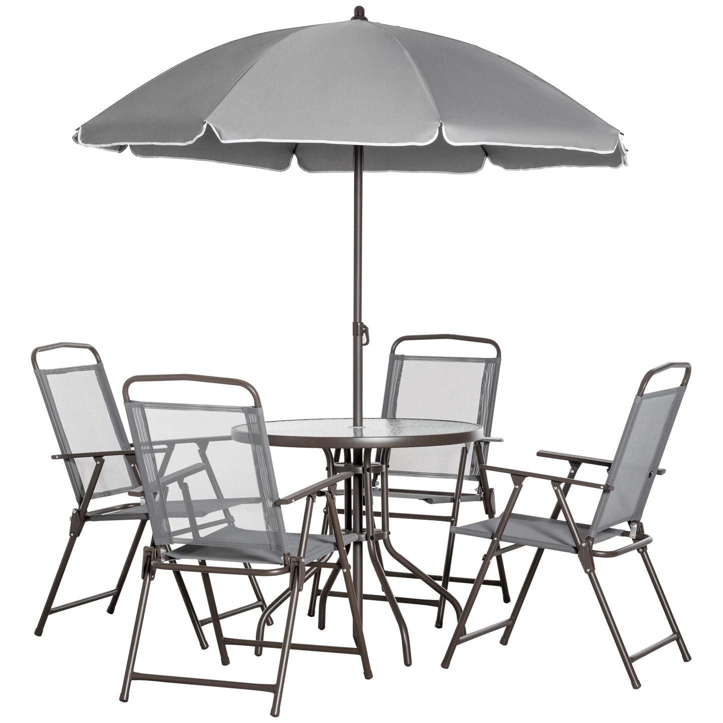 '-Outsunny 6 Piece Patio Dining Set for 4 with Umbrella, with 4 Folding Dining Chairs & Round Glass Table for Garden, Gray - Outdoor Style Company