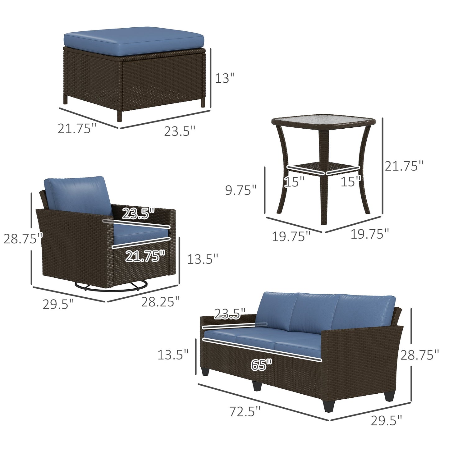 '-Outsunny 6-Piece Rattan Patio Furniture Set with 3-Seater Sofa, Swivel Rocking Chairs, Footstools, 2 Tier Table, Deep Coffee - Outdoor Style Company