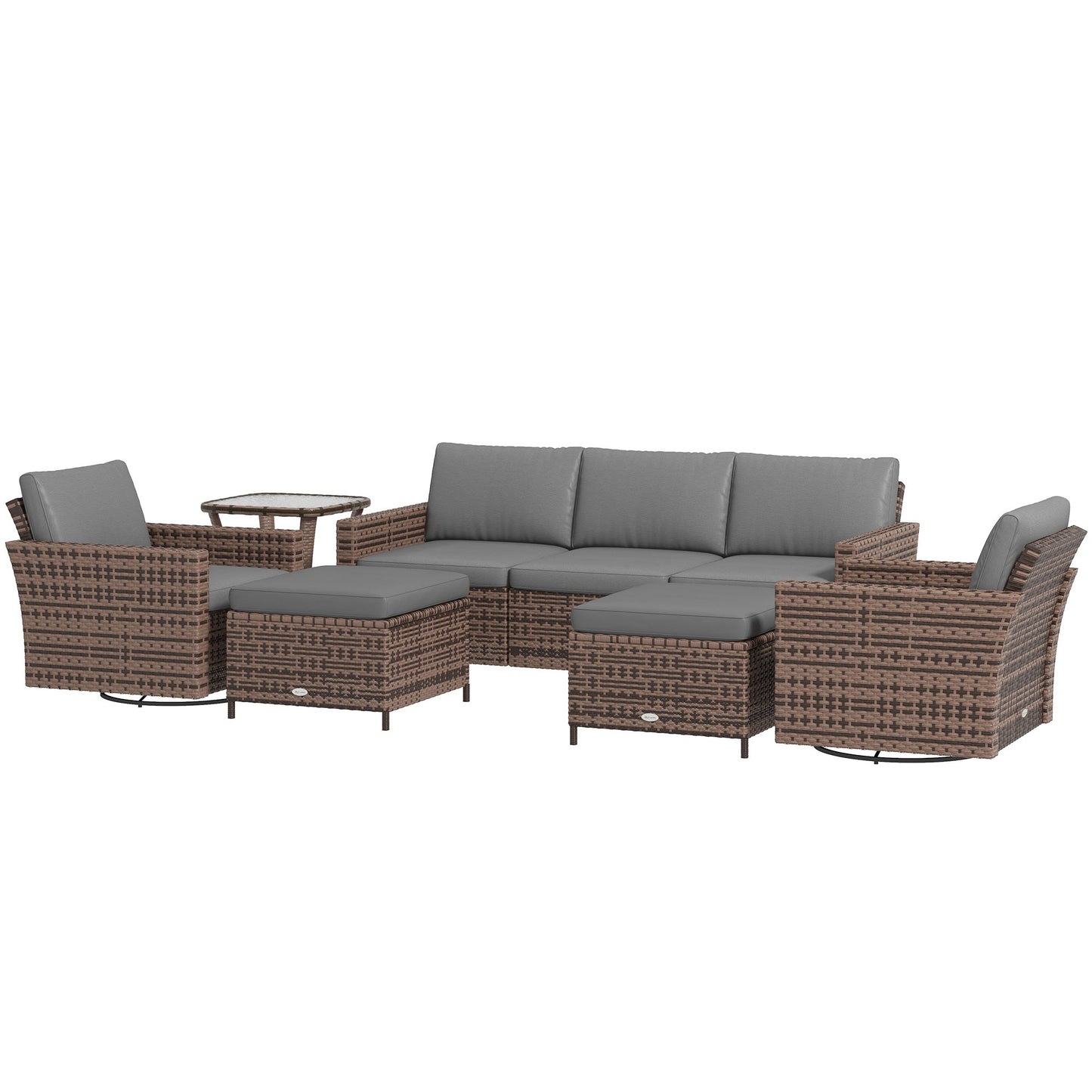 '-Outsunny 6-Piece Rattan Patio Furniture Set with 3-Seater Sofa, Swivel Rocking Chairs, Footstools, 2 Tier Table, Mixed Brown - Outdoor Style Company