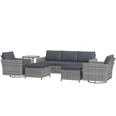 '-Outsunny 6-Piece Rattan Patio Furniture Set with 3-Seater Sofa, Swivel Rocking Chairs, Footstools, 2 Tier Table, Mixed Gray - Outdoor Style Company