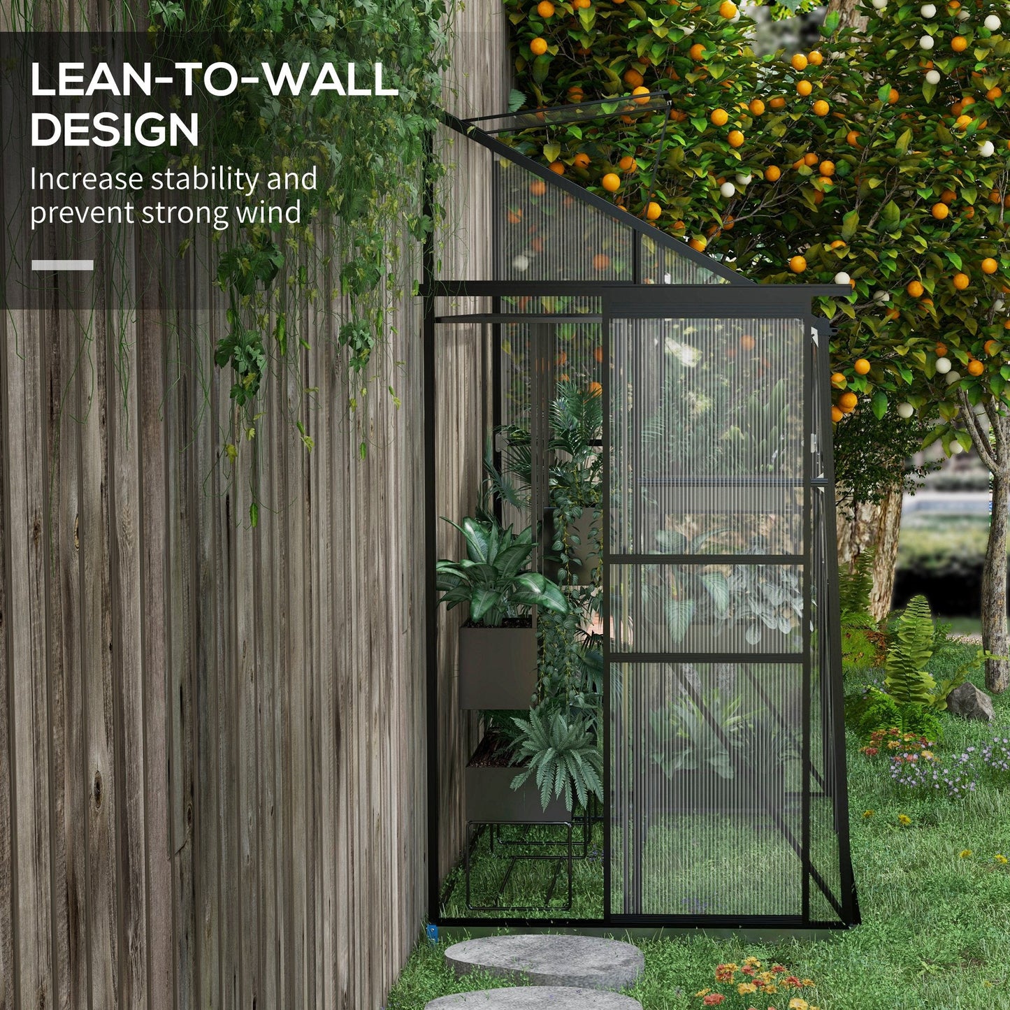 '-Outsunny 6' x 4' Walk-in Polycarbonate Greenhouse Lean-to Aluminum Green House with Rain Gutter and Foundation, Black - Outdoor Style Company