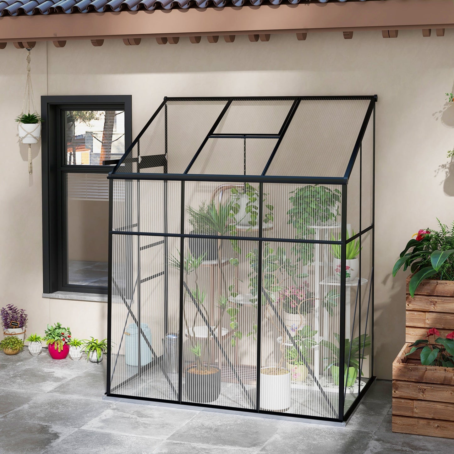 '-Outsunny 6' x 4' Walk-in Polycarbonate Greenhouse Lean-to Aluminum Green House with Rain Gutter and Foundation, Black - Outdoor Style Company